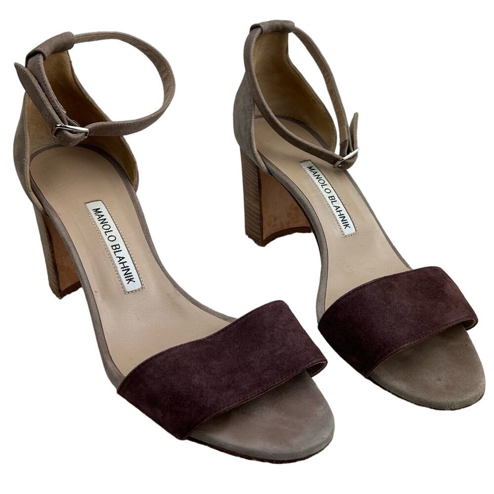 Authentic Manolo Blahnik Brown Gray Suede Strappy Sandal Block Heel 38.5 (US 8)